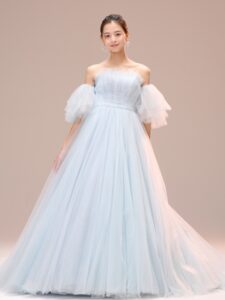 CECIL　ライトブルー　　ブルー　カラードレスブルー　カラードレス　お色直し　esumエスム　チュールドレス　スリーブ　袖付きドレス　オフショルダー　チュール　寒色系ドレス